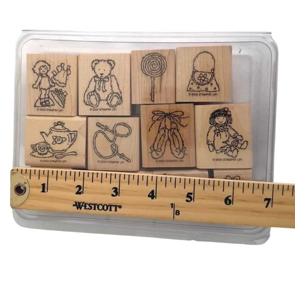Stampin’ up set of 13 wooden rubber stamps Please”button, bows and twinkle toes”